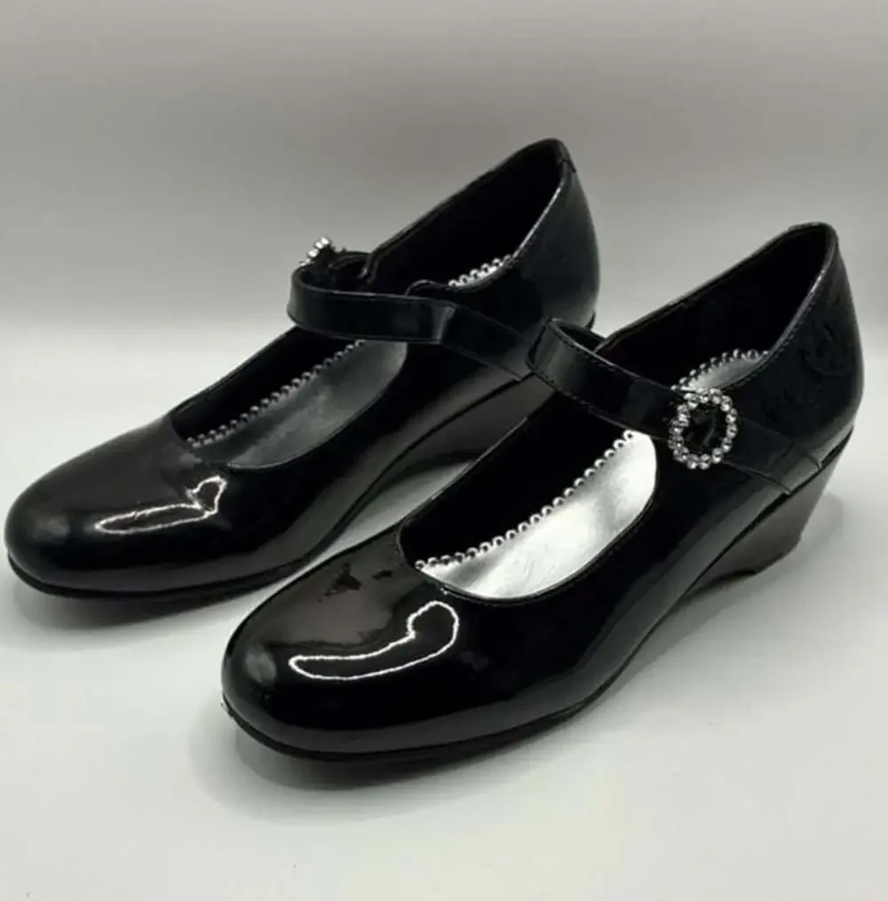 Christie & Jill CJ Heart Black Patent Wedge Mary Jane Dress Shoes Size 4M